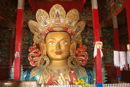 Photo for 40 feet golden statue of buddha at Thiksey gompa 15 year old gompa , leh , ladakh , Jammu and Kashmir , india - Royalty Free Image