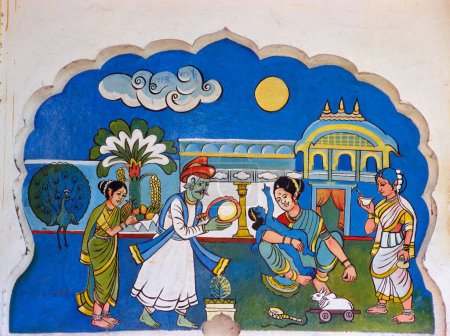 Foto de Pintura mural del señor Rama quiere épica lunar de Ramayana en Shree Ram Temple, Tulsibag, Pune, Maharashtra, India - Imagen libre de derechos
