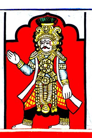 Arjuna; la tercera Pandava del Mahabharata; tirador de arco y flecha; Pintura colorida en la fachada del Templo Udupi Sri Krishna; Udupi; Karnataka; India