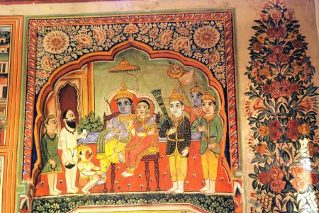 Foto de Pinturas al fresco de Ram & Sita Wall en el Museo Poddar Haveli; Nawlgarh; Rajastán; India - Imagen libre de derechos