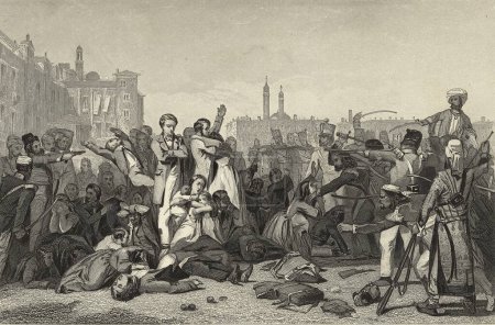 Foto de Pintura en miniatura, masacre en Cawnpore Rebels matando a oficiales británicos y sus familias 1857, India - Imagen libre de derechos