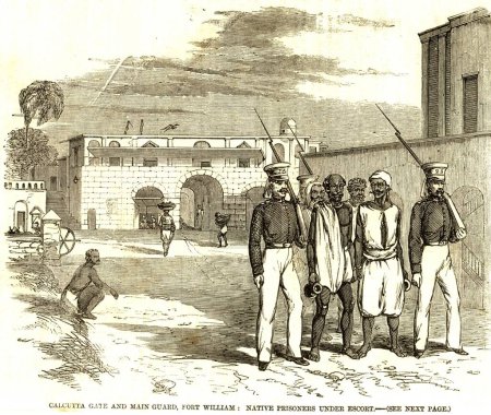 Photo for Calcutta gate and main guard, fort William, native prisoners under escort, Calcutta Kolkata, West Bengal, India - Royalty Free Image