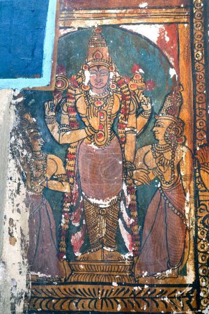 Murales del siglo XVII en la pared en Varadaraja Perumal templo Vishnu en Kanchipuram; Tamil Nadu; India