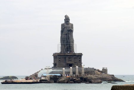 Adjacent to Swami Vivekananda memorial stand 133ft statue of Thiruvalluvar honoured Tamil poet ; Kanyakumari ; Tamil Nadu ; India