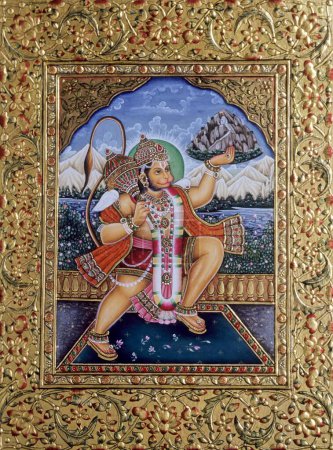 Foto de Lord Hanuman Pintura en miniatura sobre papel con bordado de oro - Imagen libre de derechos