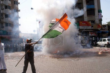 Photo for Supporters of Indian National Congress celebrating victory of assembly elections of 2004 in Bombay now Mumbai, Maharashtra, India - Royalty Free Image