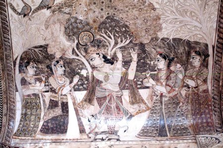 Foto de Mural de pintura mural krishna y gopicas en el templo de Lakshminarayan, Orchha, Tikamgarh, Madhya Pradesh, India - Imagen libre de derechos