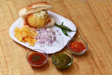 Vada Pav or Wada Pav, Indian Desi Burger is a street food dish from Mumbai, Maharashtra. Indian street food, Selective focus