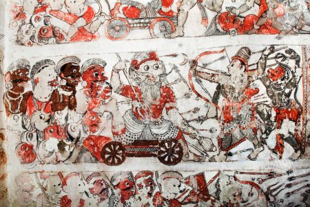 Foto de Murales que representan Ramayana y Mahabharat en el techo en el templo de Chennakeshavaraya, Adiyamankottai cerca de Dharmapuri, Tamil Nadu, India - Imagen libre de derechos