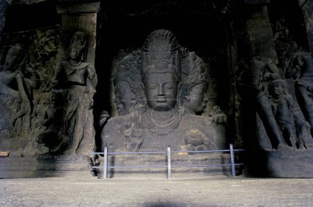 The Three headed God Shiva ; Trimurti Elephanta Caves ; maharashtra ; India