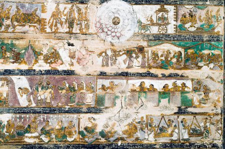 Téléchargez les photos : Murales du XVIIe siècle dans le temple de Kokarneswarar au plafond, thirukokarnam, pudukkottai, tamil nadu, Inde - en image libre de droit