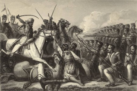 Foto de Pintura en miniatura, caballería mutante atacando una plaza de infantería en la batalla de Kanpur Escenas mudas 1857, India - Imagen libre de derechos