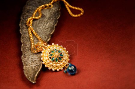 Photo for Pearl pendant with gold chain, Indian Traditional Jewellery - Royalty Free Image