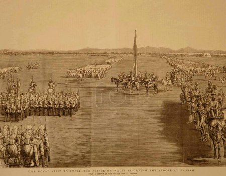 Téléchargez les photos : Lithographies La visite royale en Inde Le prince de Galles examinant les troupes à Poonah, Pune, Maharashtra, Inde - en image libre de droit