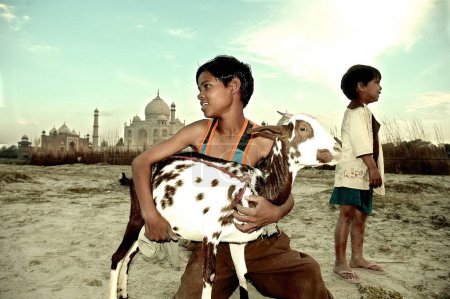 Photo for Children playing goat banks river Yamuna flowing Taj Mahal Agra Ancient artist artistic beautiful blue sky boys children kids clouds Color constructed 1631 A.D -1648 A.D domes domestic Dream Marble enjoying exterior famous full length happy historica - Royalty Free Image
