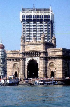 Photo for A view of the Gateway of India while the Hotel Taj can be seen in the background from the sea coast of Bombay now Mumbai ; Maharashtra ; India - Royalty Free Image