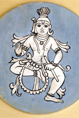 Téléchargez les photos : Peinture murale de Krishna ou de l'homme d'État divin ; huitième incarnation du Seigneur Vishnu qui a tué Kansa à Ambalpadi ; Udupi ; Karnataka ; Inde - en image libre de droit