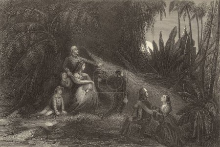 Téléchargez les photos : Peinture miniature, officiers fugitifs avec leurs familles se cachant dans la jungle se cachant des rebelles Scènes de mutinerie 1857, Inde du Nord - en image libre de droit