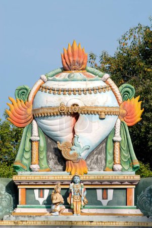 Close-up of colourfully painted and richly decorated stucco figures of huge Shankha a conch shell at Sri Ranganathswami temple ; Tiruchirappalli ; Trichy ; Tamil Nadu ; India