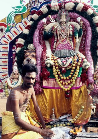 Téléchargez les photos : Déesse décorée avec prêtre au festival Mariamman, Tamil Nadu, Inde - en image libre de droit