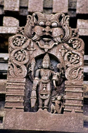 idol of lord vishnu with devine weapons and garuda ; tambdisurla mahadeva temple ; goa ; india