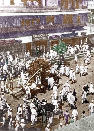 Téléchargez les photos : Procession avec grande roue tournante, mouvement Khilafat, Inde, Asie, 26 juillet 1922 - en image libre de droit