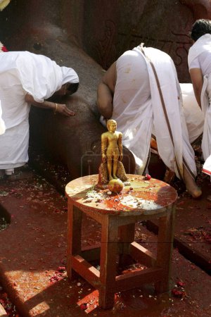 Téléchargez les photos : Les dévots à la recherche de bénédictions aux pieds de la statue de Bhagwan Gomateshwara Bahubali de 18 mètres de haut lors du festival Mahamasthakabhisheka Jain qui se tient une fois tous les douze ans, Shravanabelagola, district de Hassan, État du Karnataka, Inde - en image libre de droit