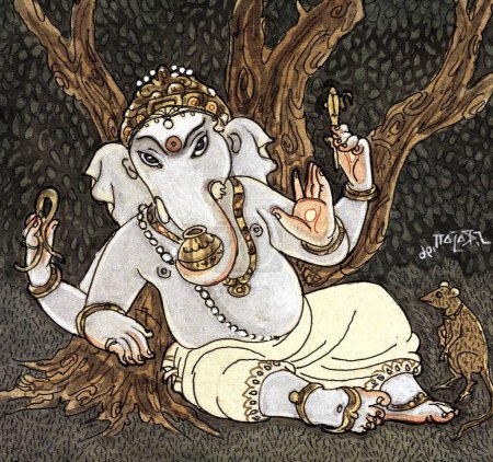 Foto de Ganesha, creencia hindú, hindú, hinduismo, arte, artista S. Rajam, arte de la academia himalaya, ganesh, ganesh gris, mushika - Imagen libre de derechos