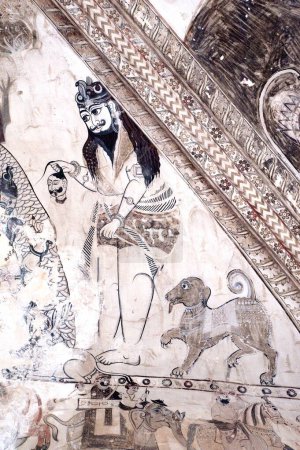 Photo for Wall paintings mural shiva with dog at Lakshminarayan temple , Orchha , Tikamgarh , Madhya Pradesh , India - Royalty Free Image