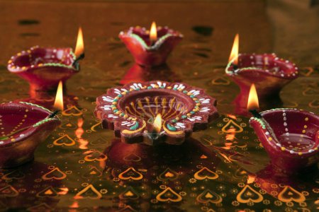 Earthen oil lamps diwali festival Mumbai Maharashtra India Asia