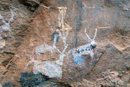 Foto de Pinturas rupestres prehistóricas en Porivarai en Karikkiyoor; Nilgiris; Tamil Nadu; India - Imagen libre de derechos