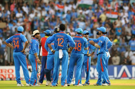 Photo for Indian cricket team during ICC Cricket World Cup finals against Sri Lanka being played at the Wankhede stadium in Mumbai on April 02 2011 - Royalty Free Image
