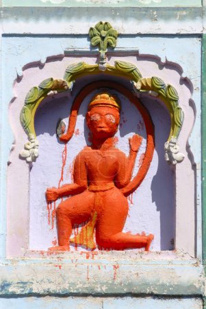 Lord Hanuman ; Maruti ; Monkey God of Ramayana ; Scarlet color in Kapardikeshwar temple at Otur ; Taluka Junnar ; District Pune ; Maharashtra ; India