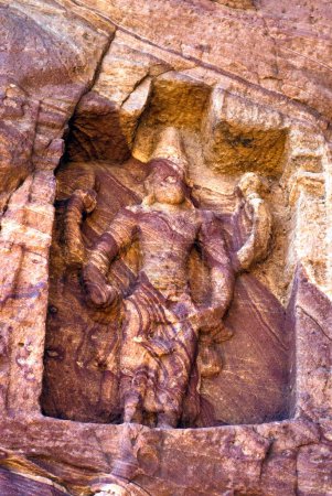 Avatar of Vishnu Bas relief in cave temple 7th century ; Badami ; Karnataka ; India