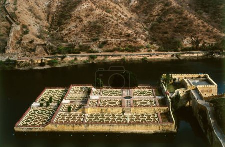 aerial view maota mohan bari terraced garden , amber fort , jaipur , rajasthan , india