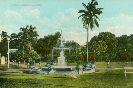 Photo for Vintage 1900s hand painted photo water fountain Eden Gardens, Calcutta, Kolkata, West Bengal, India, Asia - Royalty Free Image