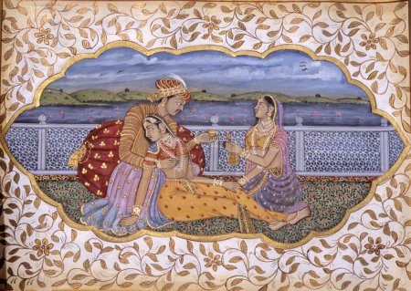 Téléchargez les photos : Peinture miniature mughal, scène d'amour - en image libre de droit