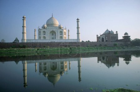 reflection of Taj mahal in yamuna river Seventh Wonder of The World; Agra ; Uttar Pradesh ; India
