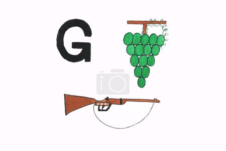 Foto de Pintura acuarela del alfabeto g con uvas y pistola - Imagen libre de derechos