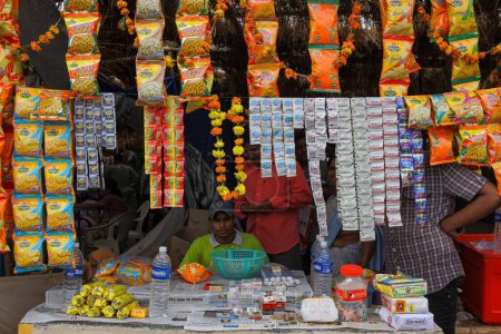 Photo for Vendor selling snack packets, chanod, gujrat, India, Asia - Royalty Free Image