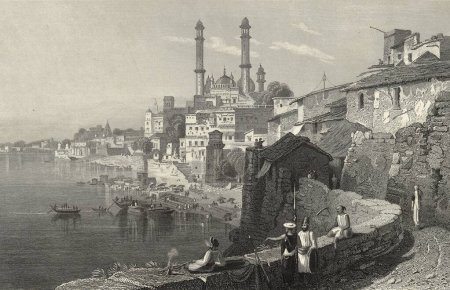 Téléchargez les photos : Peinture Miniature ; Bénarès Sur les rives du Gange ; Uttar Pradesh ; Inde 19ème siècle - en image libre de droit