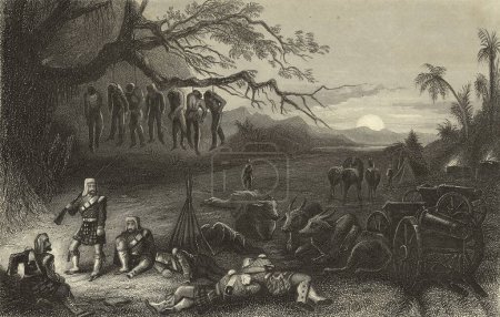 Téléchargez les photos : Peinture miniature, Piquet de grève des rebelles de la brigade des Highlands accrochés aux arbres Scènes de mutinerie 1857, Inde - en image libre de droit