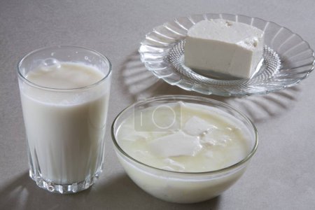 Photo for Full glass of milk curd yogurt dahi and cottage cheese paneer made from milk dairy product , India - Royalty Free Image