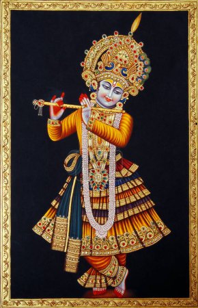 Photo for Lord Krishna playing flute miniature painting on paper - Royalty Free Image