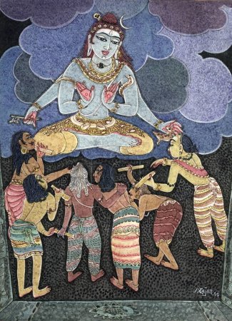 Foto de Hinduismo, arte hindú, arte de la academia himalaya, la India, la religión, la espiritualidad, el artista S. Rajam, Shiva, nubes, sabios, santos, adoración - Imagen libre de derechos