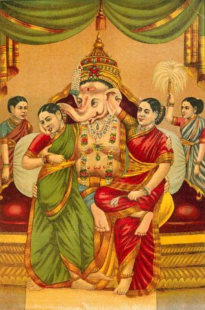 Foto de Pintura de Ganesh ganpati Dios con esposas riddhi y siddhi - Imagen libre de derechos