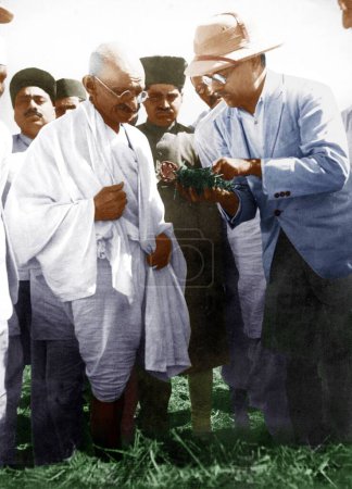 Photo for Mahatma Gandhi getting farm compost shown, explained by farm superintendent, India, Asia, 1930 - Royalty Free Image