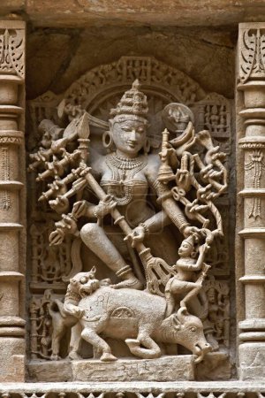 Photo for Mahishasurmardini ; Rani ki vav ; step well ; stone carving ; Patan ; Gujarat ; India - Royalty Free Image