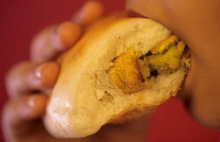 Foto de Indian Food hot dog Vada Pav eating - Imagen libre de derechos