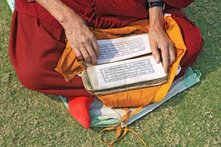 Foto de Monje budista leyendo escrituras, Sanchi, Madhya Pradesh, India - Imagen libre de derechos